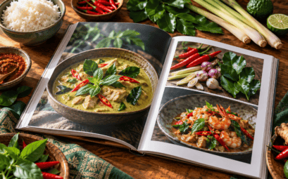 Illustration éditoriale : livre de cuisine thaïe ouvert parmi des ingrédients frais