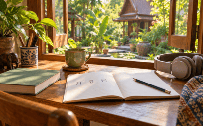 Cahier avec des lettres thaïes et casque audio sur un bureau — illustration