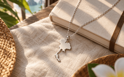 Illustration d’un collier argenté avec pendentif en forme de carte de Thaïlande sur du lin