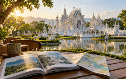 Illustration éditoriale : guide de voyage devant le Temple blanc de Chiang Rai