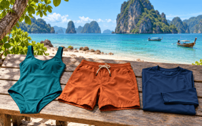 Maillot une-pièce, short de bain et haut à manches longues devant une plage thaïlandaise