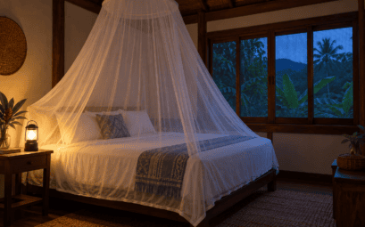 Moustiquaire de lit et lanterne dans une chambre thaïlandaise au crépuscule