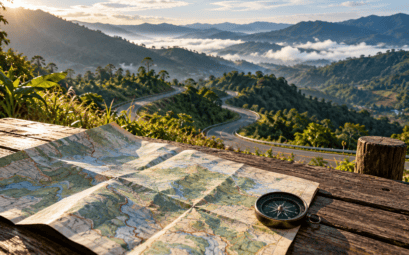 Carte dépliée devant une route de montagne dans le nord de la Thaïlande — illustration