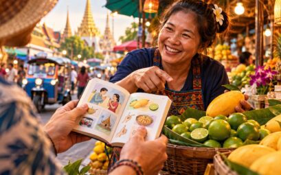 Voyageur avec un guide de conversation échangeant avec une vendeuse sur un marché thaïlandais