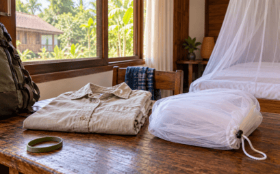Vêtements couvrants et moustiquaire préparés pour une chambre en Thaïlande
