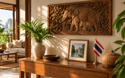 Illustration d’un intérieur sobre avec relief d’éléphant en bois et souvenir thaïlandais