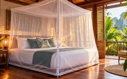 Moustiquaire blanche autour d’un lit dans une chambre tropicale