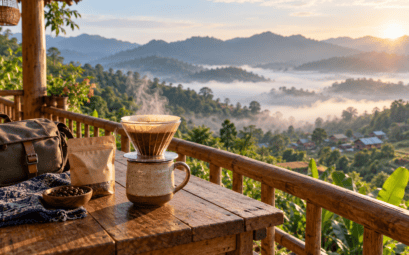 Illustration d’un café filtre préparé sur une terrasse face aux collines du nord de la Thaïlande