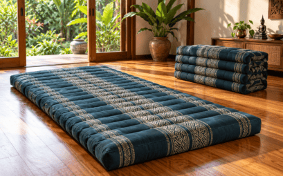 Matelas thaï de sol déplié et plié dans un intérieur lumineux, illustration