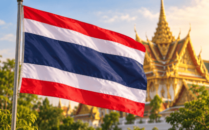 Drapeau thaïlandais rouge blanc et bleu flottant devant un temple, illustration