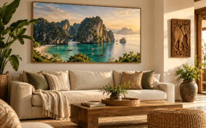 Salon avec panorama de Thaïlande encadré et relief en bois, illustration