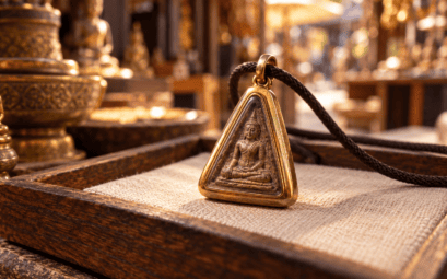 Illustration d’un pendentif triangulaire à motif Bouddha posé sur un présentoir en bois