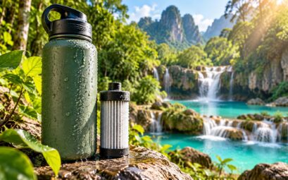 Gourde et filtre devant une cascade dans une forêt tropicale