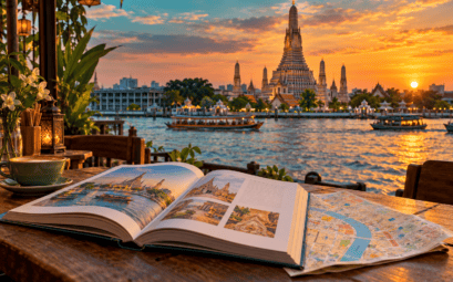 Guide ouvert et carte face au Wat Arun à Bangkok — illustration