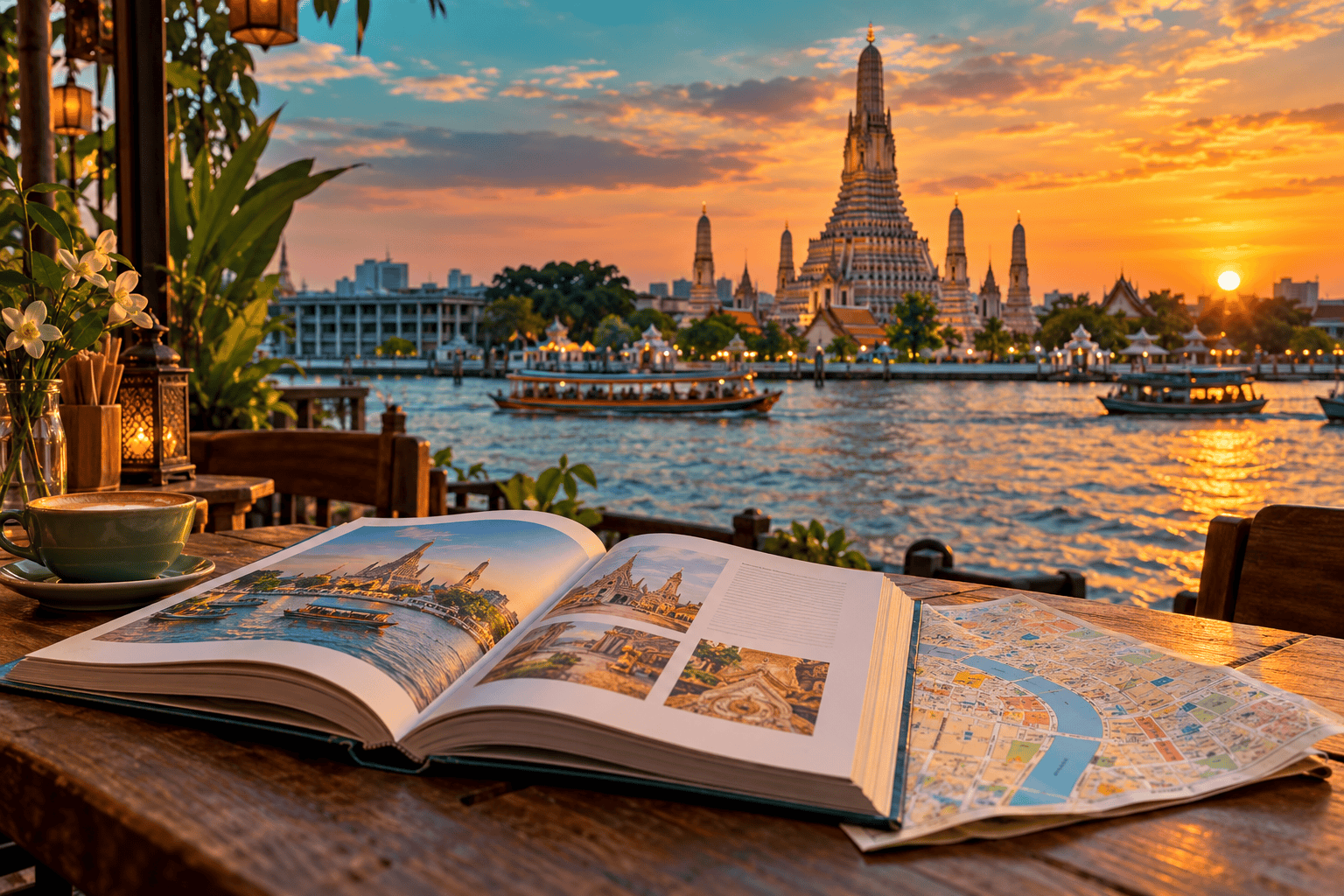 Guide ouvert et carte face au Wat Arun à Bangkok — illustration