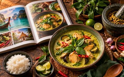 Livre de cuisine thaïlandaise ouvert près d’un curry et d’ingrédients frais