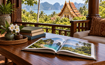 Livres et album photographique sur une terrasse thaïlandaise — illustration