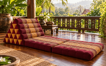 Illustration éditoriale : coussin thaï triangulaire à blocs sur une terrasse abritée