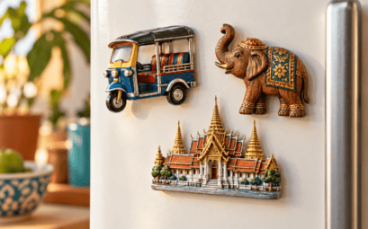 Petits magnets décoratifs de Thaïlande sur un réfrigérateur, illustration