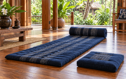 Illustration d’un tapis thaï enroulable en kapok et d’un coussin de sol dans une maison lumineuse