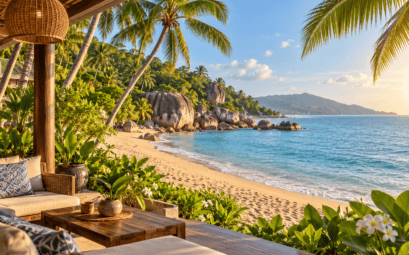 Illustration d’ambiance : plage bordée de palmiers et rochers dans le secteur de Lamai