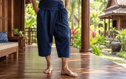 Pantalon pêcheur thaïlandais indigo à taille nouée sur une terrasse