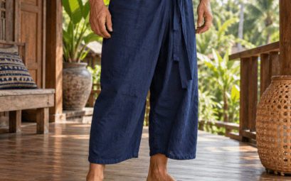 Pantalon thaï portefeuille en coton bleu sur une terrasse en bois, illustration
