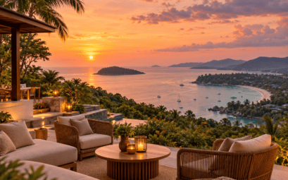 Illustration d’ambiance : terrasse en hauteur face à une baie de Phuket au coucher du soleil