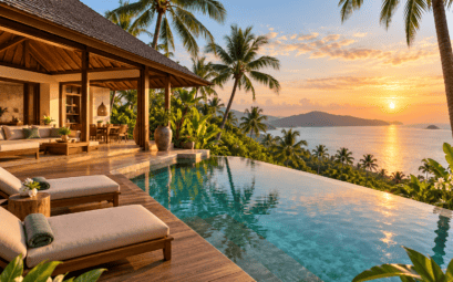 Illustration d’une villa tropicale avec piscine et terrasse face à la mer