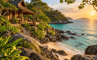 Illustration d’un pavillon en bois face à une crique tropicale de Phuket