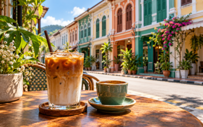 Illustration d’un café glacé et d’un espresso devant des façades colorées de Phuket