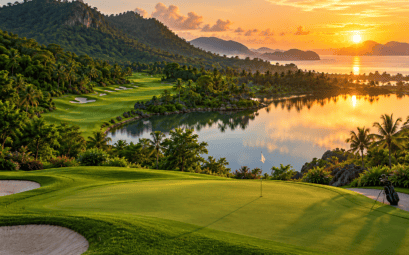 Illustration d’un parcours de golf tropical entre collines et plan d’eau
