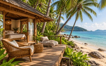 Illustration de bungalows sous les palmiers au bord d’une plage thaïlandaise