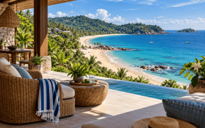 Illustration d’une terrasse et d’une baie tropicale de Phuket