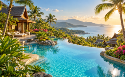 Illustration d’un jardin tropical avec piscine près de la côte de Phuket