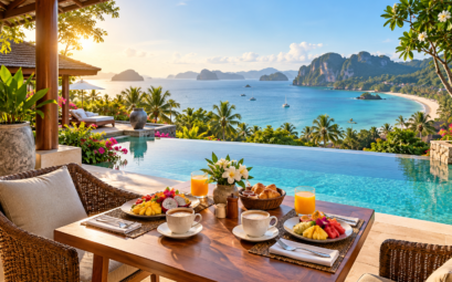 Illustration d’un petit-déjeuner sur une terrasse de resort tropical