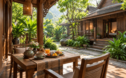Illustration d’ambiance : cour et maisons en bois du nord de la Thaïlande