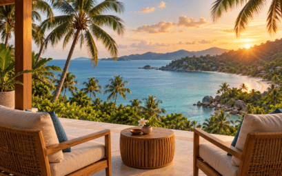 Illustration d’ambiance : terrasse tropicale et baie de Koh Samui