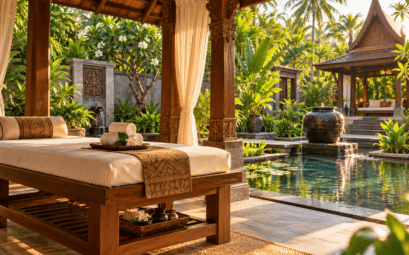 Illustration d’un pavillon de spa thaïlandais ouvert sur un jardin